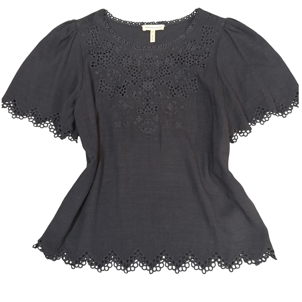 Rebecca Taylor Eyelet Lace Short Puff Sleeve Cotton Top Blouse Boho Size 2 - Picture 3 of 11